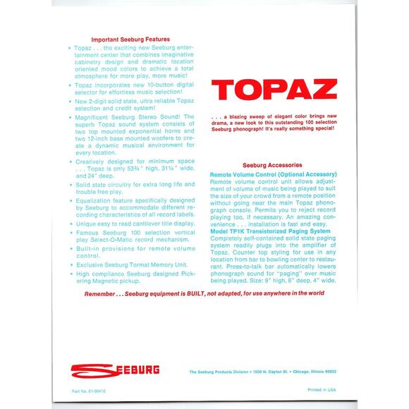 1960s Seeburg Topaz Jukebox Brochure Vintage Music Machine Flyer - Picture 2 of 2